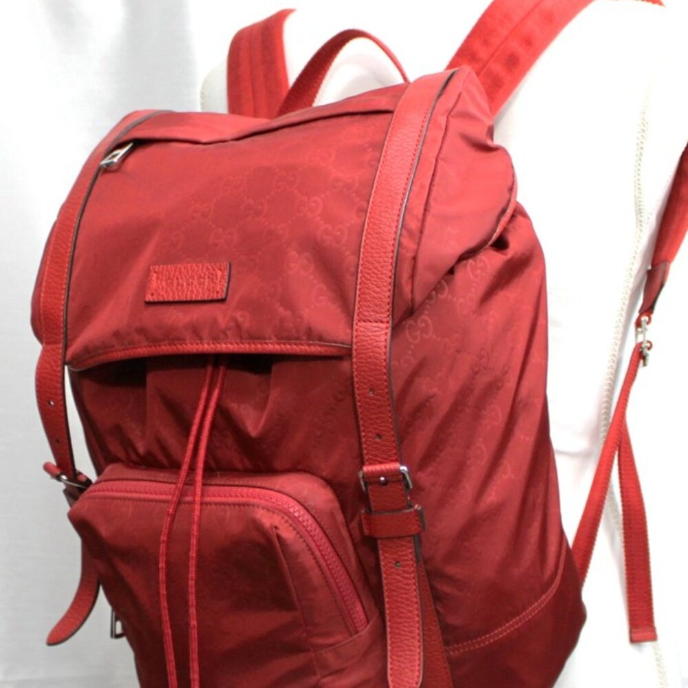 Gucci Red GG Nylon Backpack Leather Trim Authentic Designer Bag - Picture 5 of 16